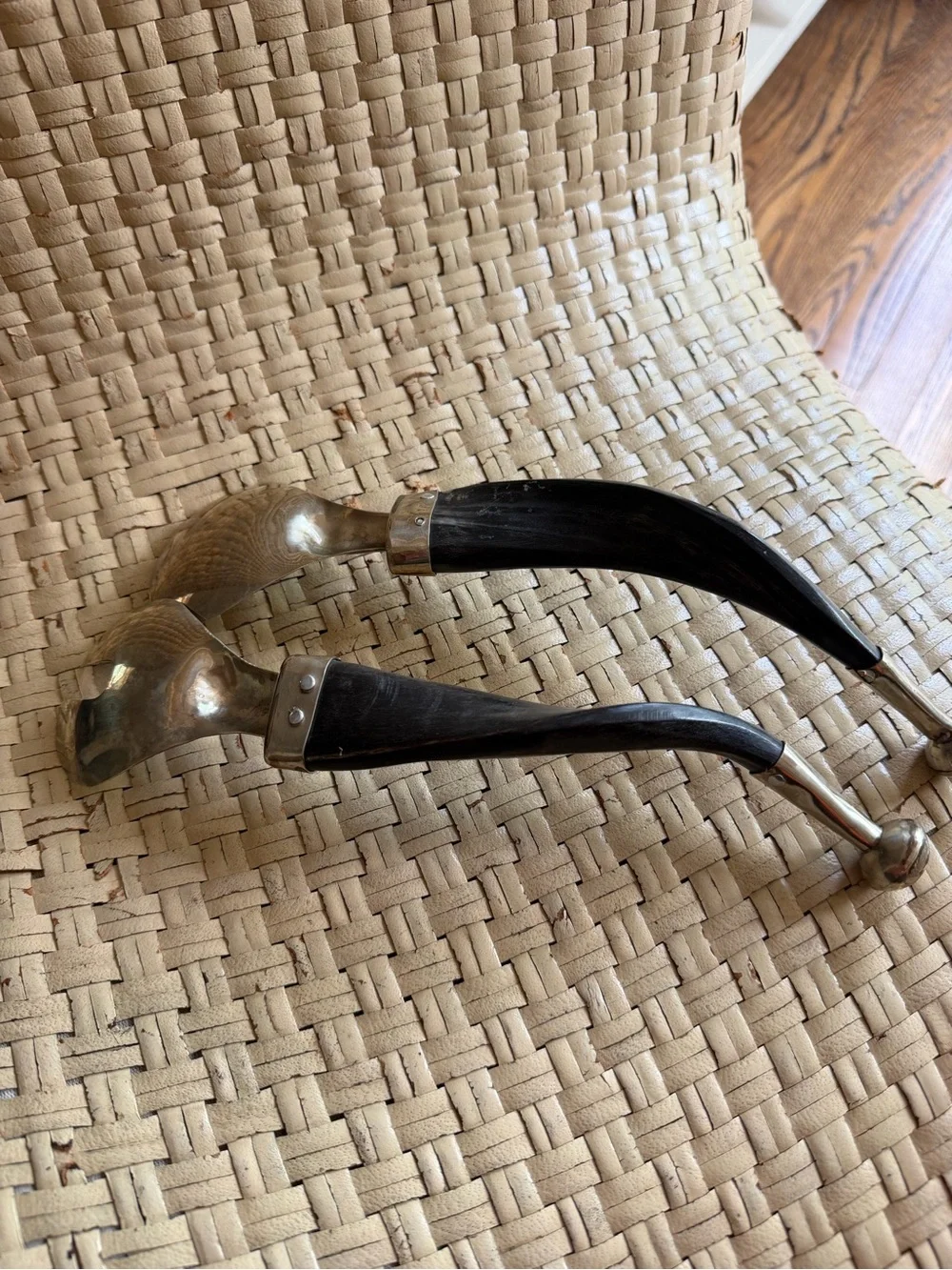 Unique Horn Handle Salad Serving Set - Black & Silver VTG